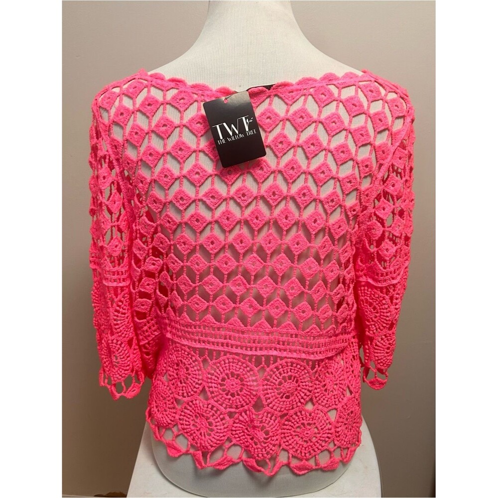 NWT Hot Pink Crochet Open Knit Top Cover Up Beach Summer Festive Boho Hippie OS - Picture 2 of 7
